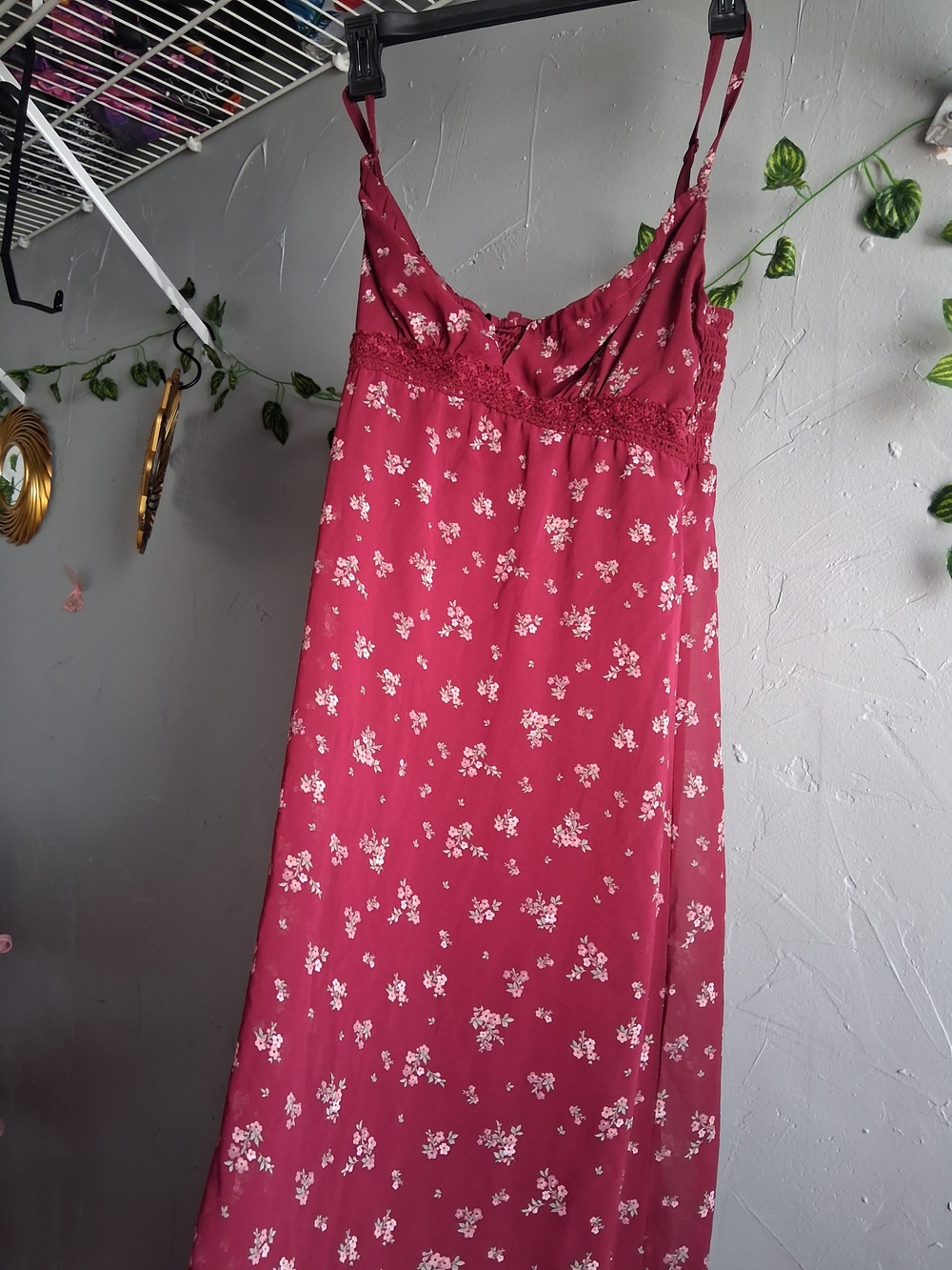 Floral Burgundy Slip Dress with Lace Trim